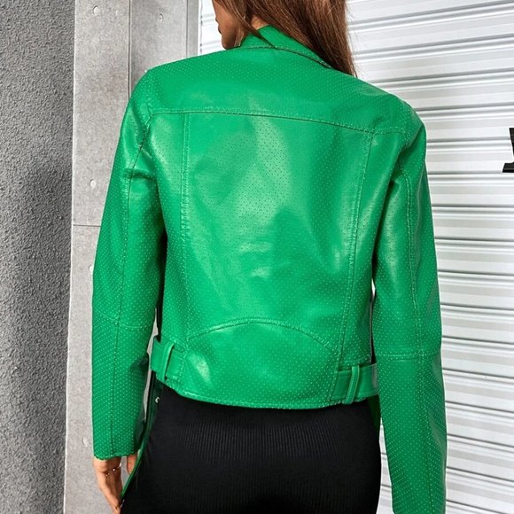 Green Zipper up Grommet Buckle Moto Jacket minimalist - Picture 6 of 6
